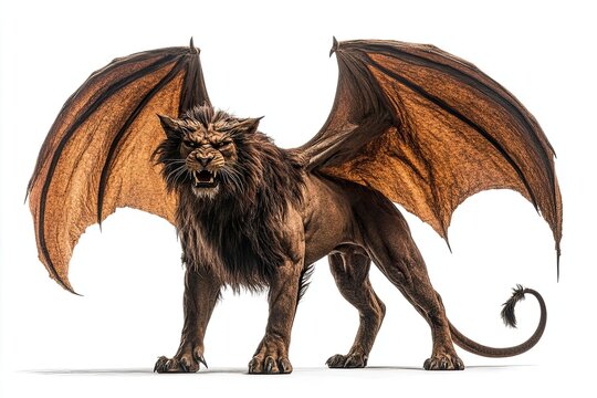 A fierce lion with leathery wings spread wide