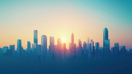 Fototapeta premium skyline silhouette at sunrise, with vibrant colors illuminating modern buildings and creating a serene atmosphere.