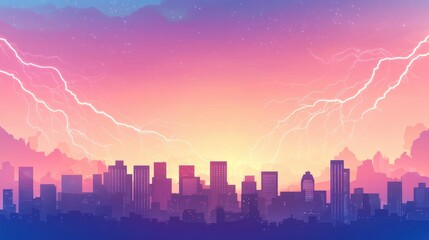 Fototapeta premium city skyline under a dramatic sunset with lightning striking in the background, showcasing nature's beauty and power.