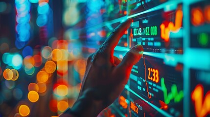 A detailed shot of a hand pausing above the buy button on a digital stock trading interface, with various stock tickers in the background, sharp focus on the interface, realistic lighting,