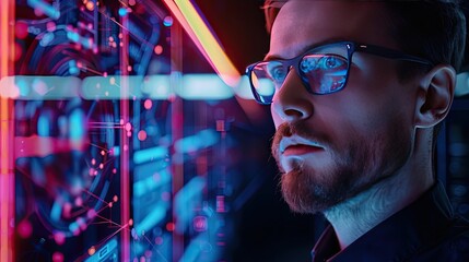 A Man in Glasses Looking at a Digital Interface