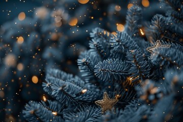 Closeup of Blue Spruce Christmas Tree With Golden Star Ornament and Lights