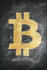 A creative illustration of the Bitcoin symbol drawn in gold on a black chalkboard, representing cryptocurrency and digital finance.