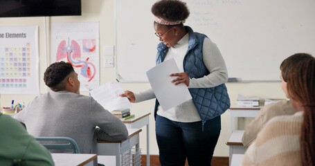 Education, teacher and papers with grades in high school, biology and lesson for learning and...