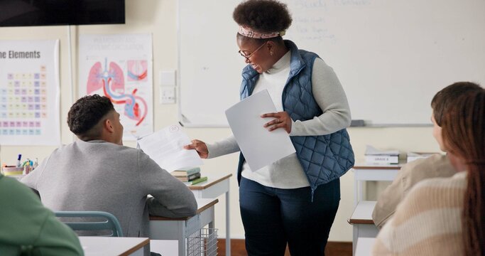 Education, teacher and papers with grades in high school, biology and lesson for learning and development. Female person, classroom and presentation for feedback, results or science project by pupils