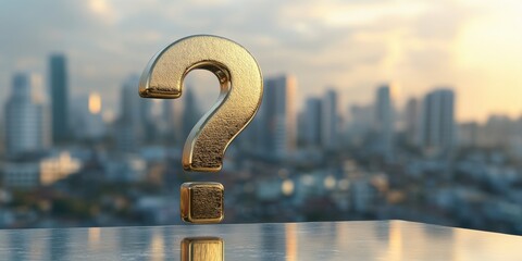 A golden question mark stands prominently against a blurred city skyline, symbolizing curiosity and inquiry in modern urban life.