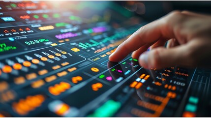 Obraz premium A detailed shot of a hand pressing the sell button on a digital stock market screen, with various stock market indicators in the background, sharp focus on the interface, realistic lighting,