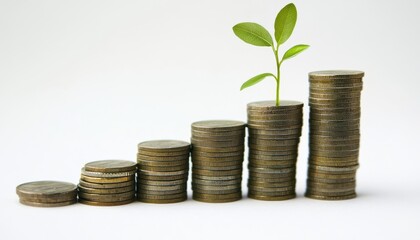 A plant growing from stacks of coins, symbolizing financial growth and investment opportunities in a minimalist setting.