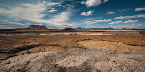 Barren Landscape under Dramatic Skies with Distant Mountains and Cracked Earth