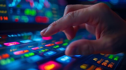 A hand confidently pressing the buy button on a stylish stock trading app, with a sleek digital interface, fingers in focus, vibrant display, realistic lighting, clear button details,