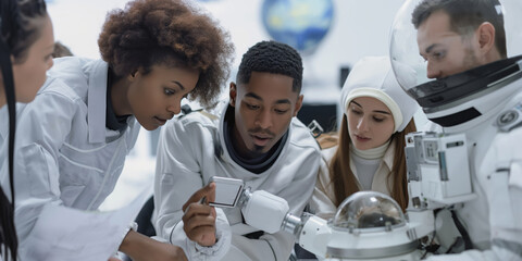 Diverse Team of Scientists and Astronauts Collaborating on Space Exploration Technology