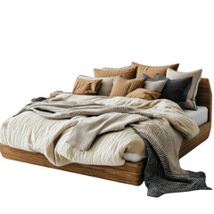 Stylish modern bed with cozy neutral bedding and cushions, perfect for a contemporary bedroom aesthetic and relaxation. transparent background