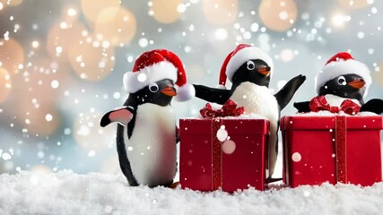 Three cute penguins wearing Santa hats dancing in the snow with red Christmas gift boxes, surrounded by falling snowflakes and festive lights.

