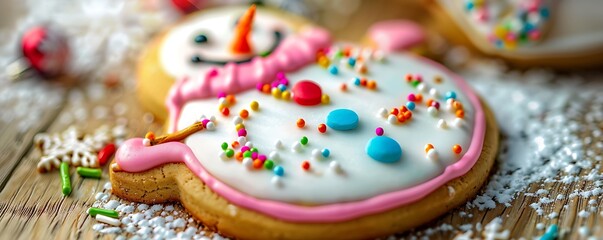 A close-up of a festive Christmas cookie shaped like a snowman, decorated with colorful icing and sprinkles.