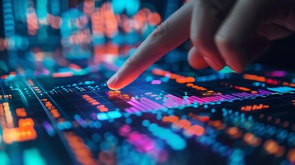 Naklejka premium A hand pressing the buy button on a sleek stock trading screen, with bright, colorful stock charts and graphs in the background, fingers in focus, vibrant display, realistic lighting,