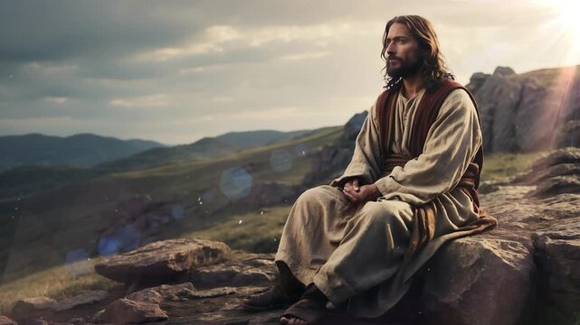 Jesus Christ sitting on a hill, christian background, motion loop
