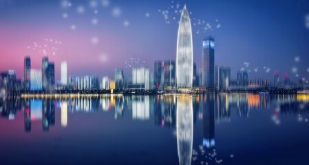 Fototapeta premium A city skyline with tall buildings reflecting in the water at dusk.