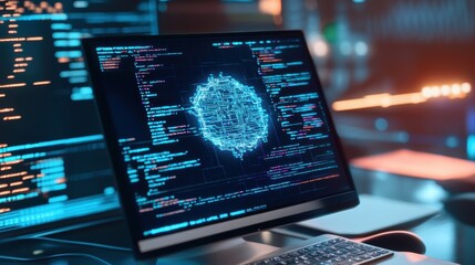 A modern computer displaying vibrant coding visuals and futuristic interface design. Perfect for tech, coding, and digital innovation.
