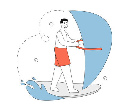 windsurfing man, blue sail, orange shorts, water clip art preview