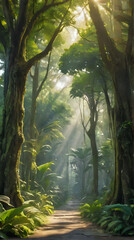 Obraz premium sunlight shining through the trees in a tropical forest