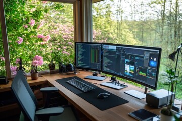 Fototapeta premium A modern workspace with dual monitors, keyboard, and fresh greenery visible through large windows, perfect for productivity.