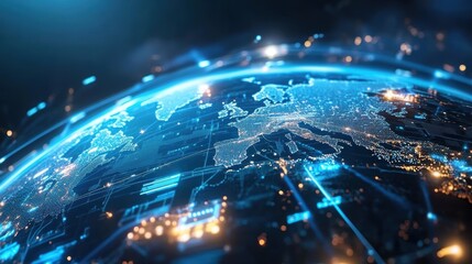 Fototapeta premium A stunning digital representation of Europe from space, showcasing interconnected technology and vibrant city lights.
