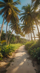 Obraz premium a dirt road that has palm trees on both sides