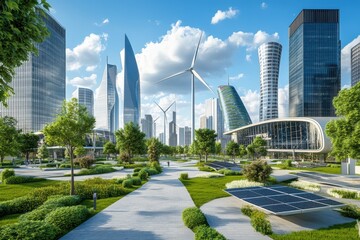 Obraz premium A vibrant urban landscape showcasing modern architecture, greenery, wind turbines, and solar panels under a bright blue sky.