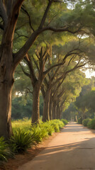 Obraz premium trees line a path in a park with a person walking on the side