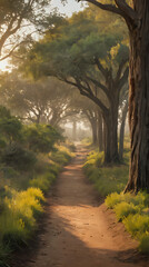 Fototapeta premium a painting of a dirt road with trees and grass