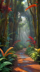 painting of a path in a tropical forest with sunbeams