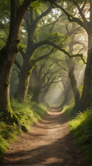 Obraz premium a dirt road that is lined with trees and grass