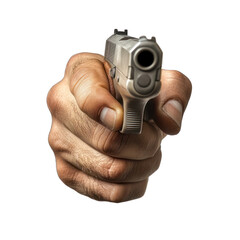 Close-up of a hand gripping a firearm, representing tension and intensity in a conflict scenario. transparent background