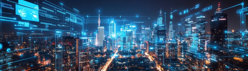 Futuristic city skyline illuminated by vibrant lights and digital elements, showcasing advanced technology and urban growth.