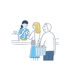 レジで会計をする店員と並んでいる客