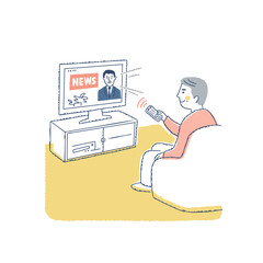 リモコンでテレビのチャンネルを変える男性