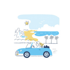 海辺をオープンカーでドライブするカップル