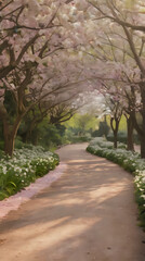 Obraz premium painting of a path with trees and flowers in blooming