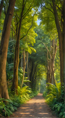 Fototapeta premium painting of a path through a forest with trees and plants