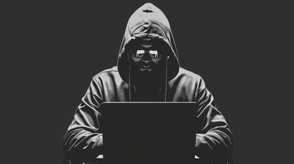 A cloaked individual types intently on a laptop, with sunglasses reflecting light, in a dimly lit setting late at night