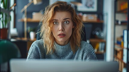 A woman appears shocked as she gazes at her computer, surrounded by a relaxed home office environment filled with plants and books