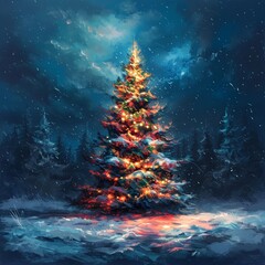 Illuminated Christmas Tree in a Snowy Forest at Night
