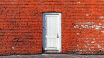 Modern single White door on brick wall in city,English architecture,luxury building,empty grunge urban street with warehouse brick wall,sidewalk by street wall and door,space for text concept.