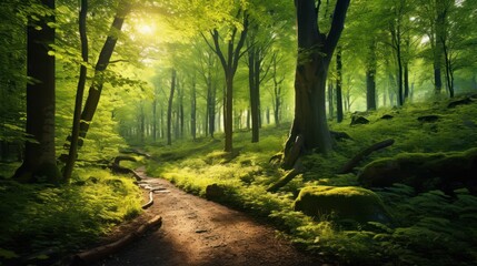 Obraz premium green forest with sunlight filtering through the trees, 