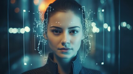  Women or business people with technology, a young woman with digital facial recognition overlay, 