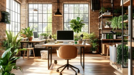 A bright, modern office with plants, wooden shelves, and a stylish workspace. Ideal for promoting productivity and tranquility.