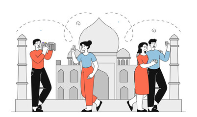 Tourists with Taj Mahal India. Men and women take photos with camera and smartphone against backdrop of Indian landmark. Holiday and vacation in India. Linear vector illustration