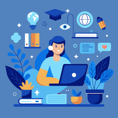 person studying online blue colors light blue vector illustration