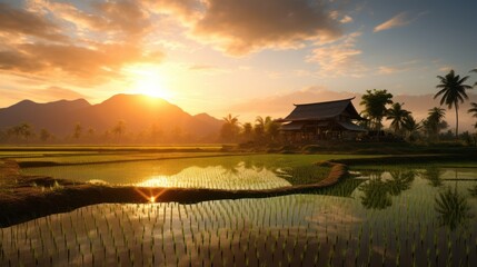 Fototapeta premium landscape of rice fields at sunset with a traditional Thai house,Asian landscape
