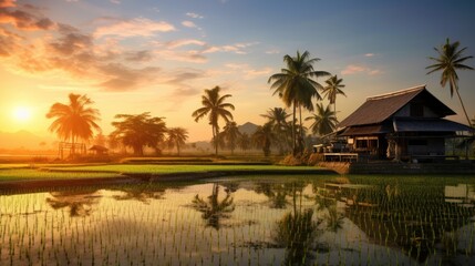 Obraz premium landscape of rice fields at sunset with a traditional Thai house,Asian landscape